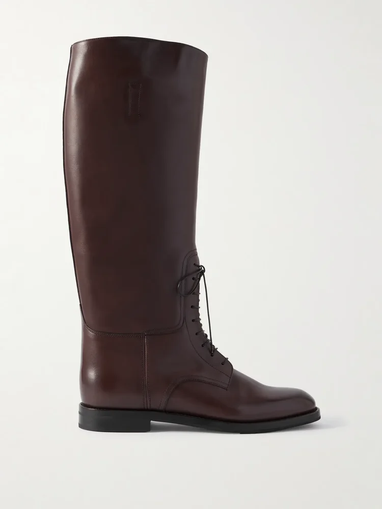 Leather lace-up knee boots