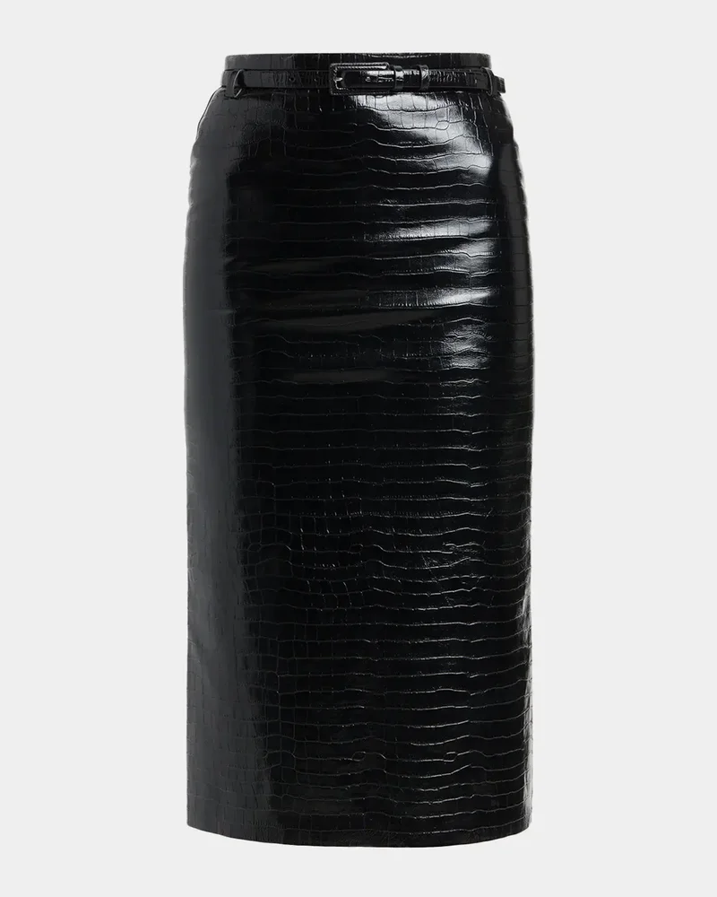 Exotic Croco Embossed Leather Midi Skirt With Belt