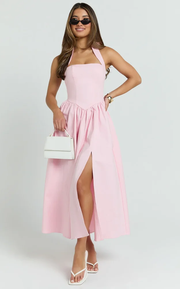 Helda Midi Dress, Halter Tie Neck Corset Panel Dress in Pink