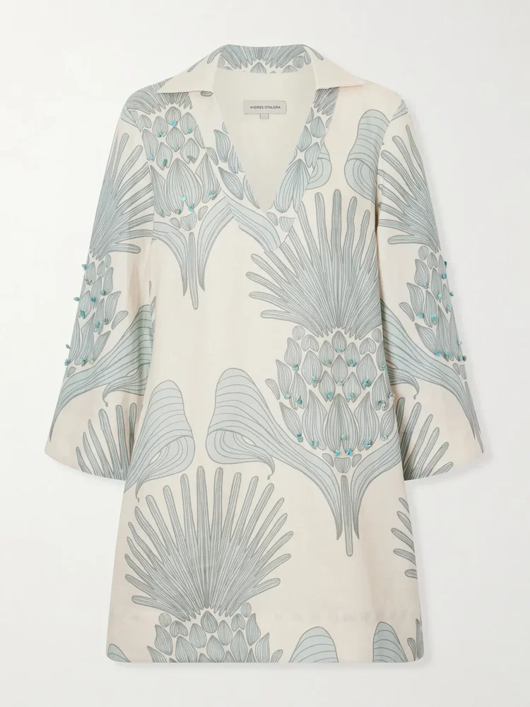 Aziza Mia embellished printed linen mini dress