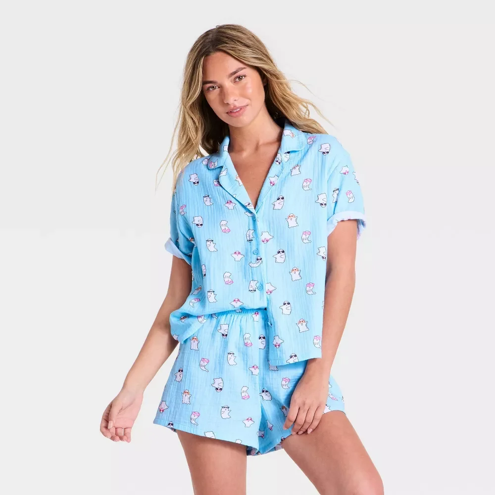 Women's Halloween Gauze Short Sleeve Notch Collar Top and Shorts Pajama Set