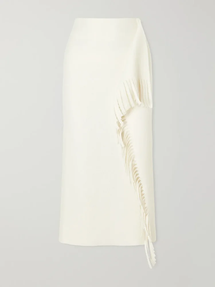 Fringed wool-blend midi skirt