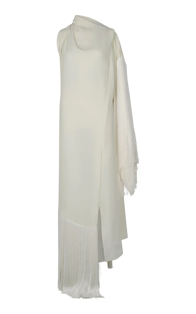 Asymmetric Fringed Crepe Maxi Dress