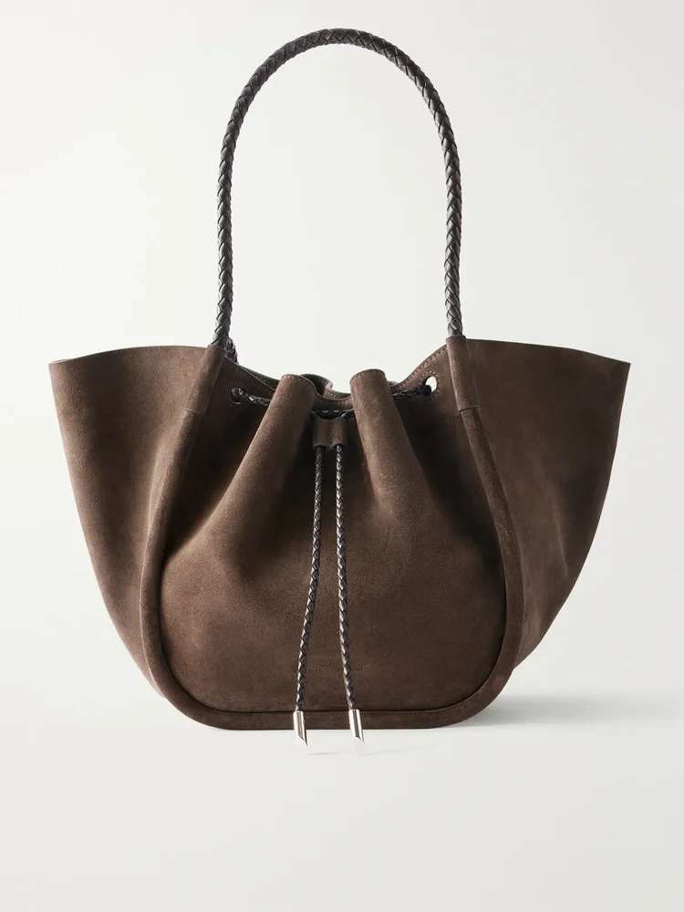 Large ruched leather-trimmed suede tote