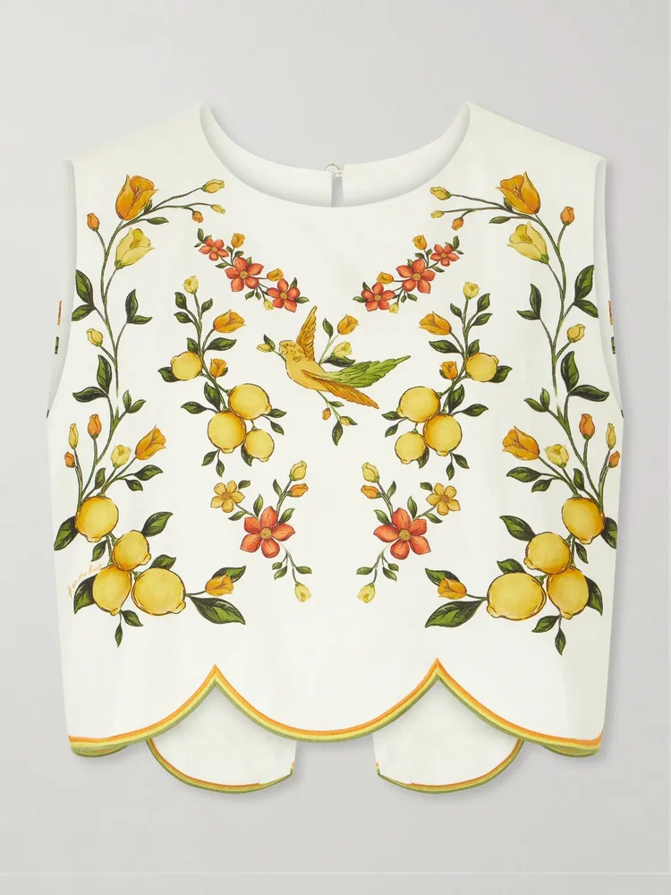Lemon bouquet embroidered linen-blend blouse