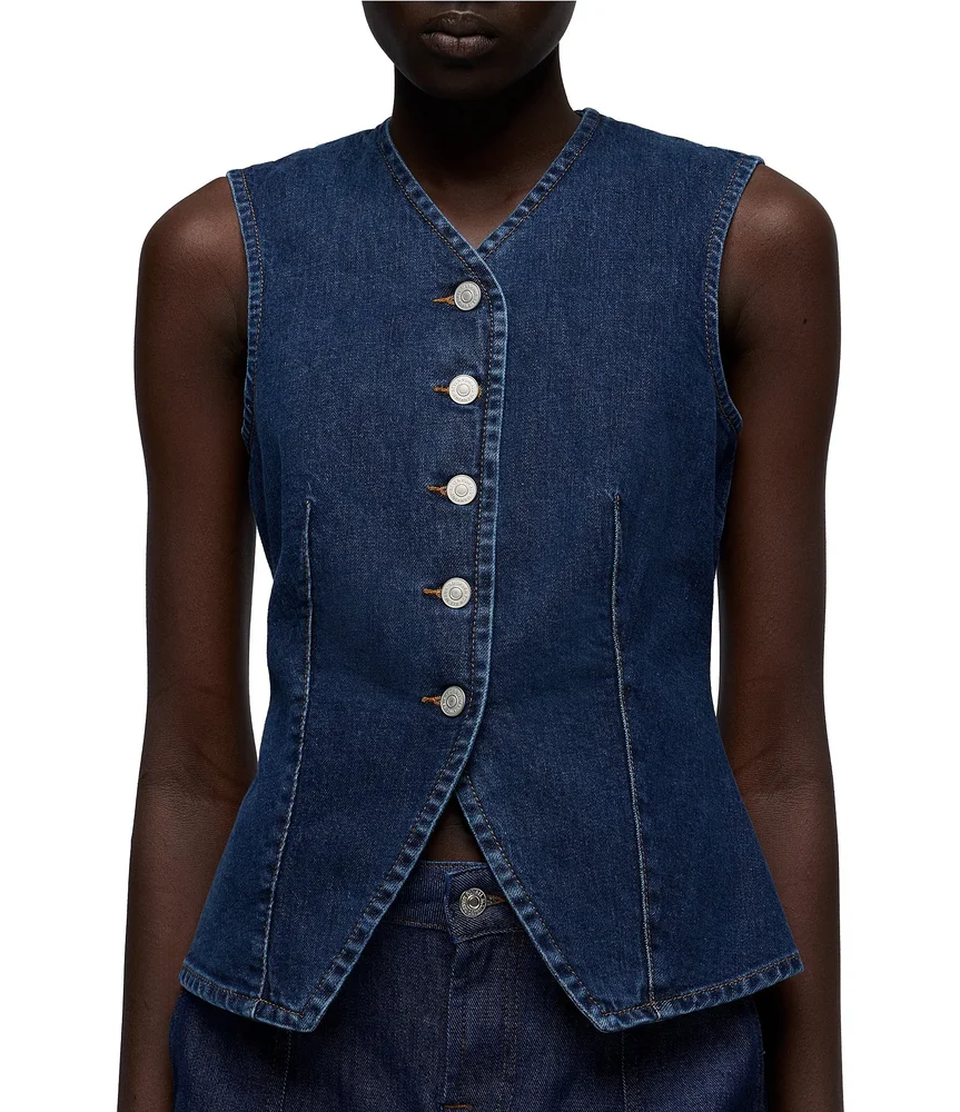 Lady Button Front V-Neck Sleeveless Tailored Denim Vest