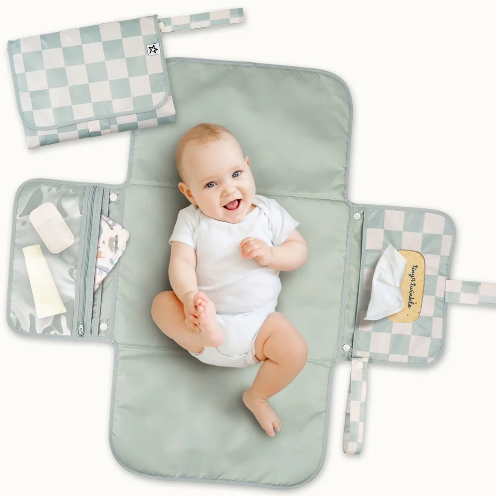 Portable Foldable Waterproof Diaper Changing Pad With Smart Wipes Pocket in Sage Checkers