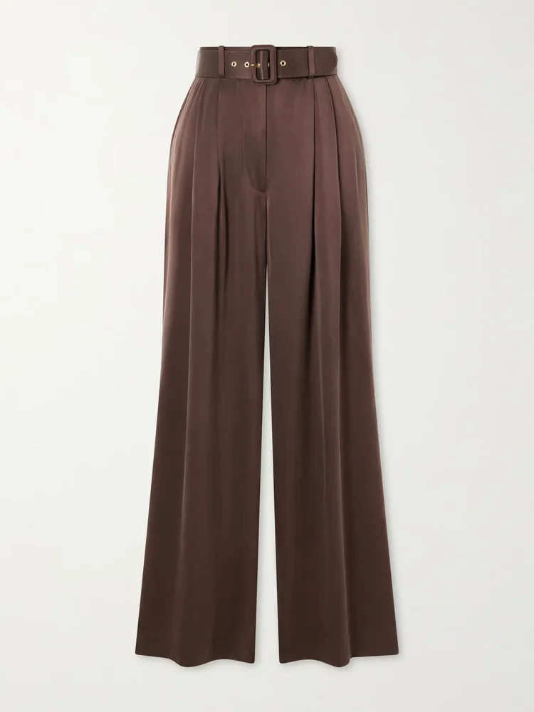 Belted pleated silk-satin wide-leg pants