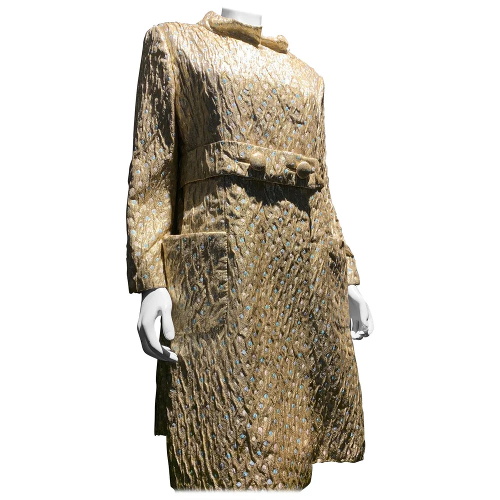 1960s Chester Weinberg Gold Lame and Pastel Brocade Evening Coat Ensemble