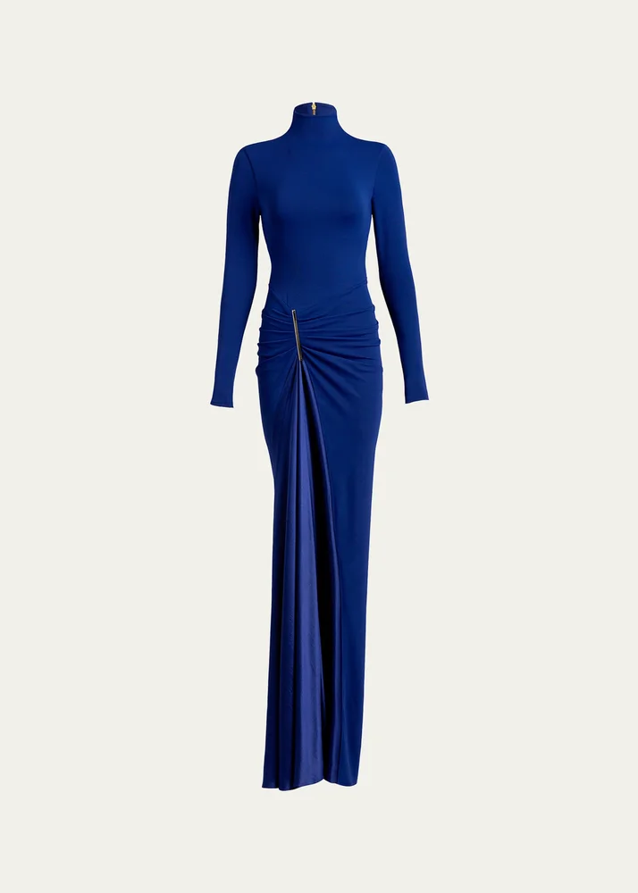 Lena Mock-Neck Ruched Jersey Slit Maxi Dress