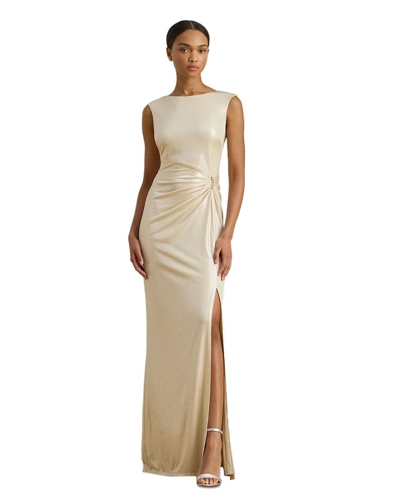 Buckle Trim Metallic Jersey Gown