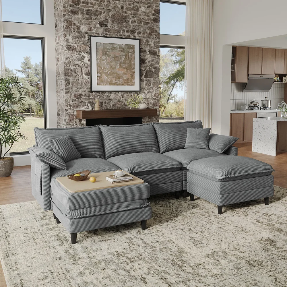 108" Comfy U Shaped Sectional Modular 5-Piece Cloud Sofa with Ottomans
