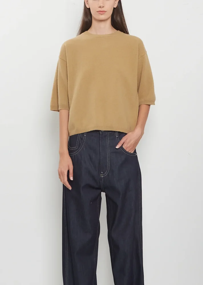 Melody 1-Ply Superfine Wool Short Sleeve Sweater — Camel