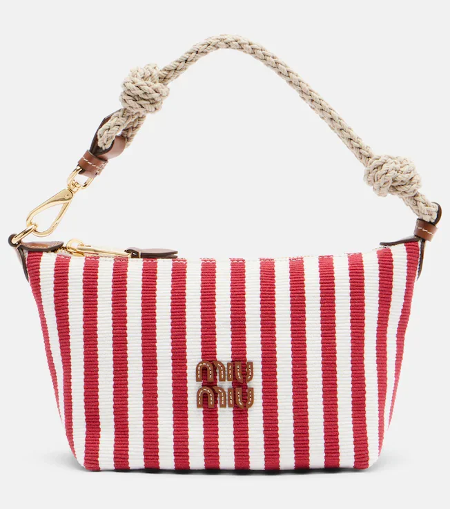 Striped leather-trimmed top-handle bag