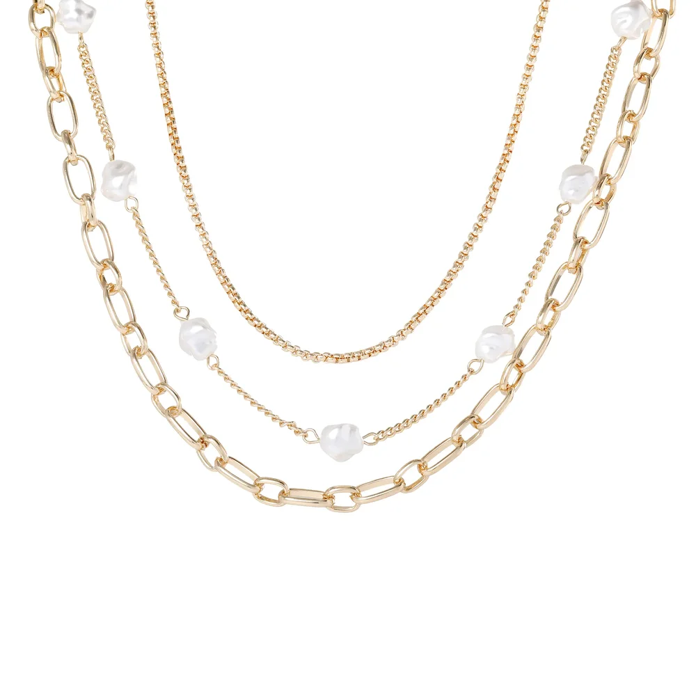 Layered Pearl Drop Chain Necklace