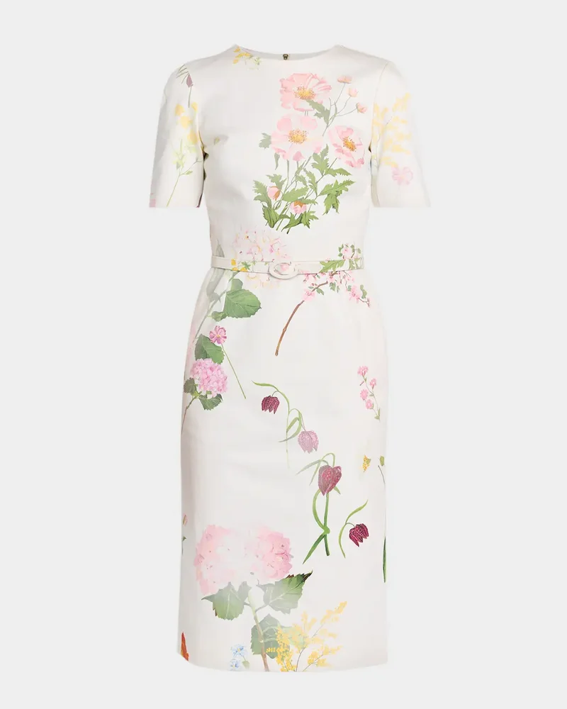 Faded Botanical Short-Sleeve Midi Dress With Belt