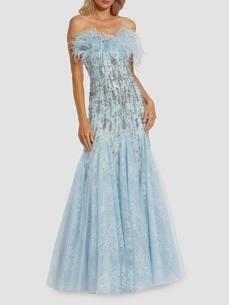 Evening Feather Strapless Gown