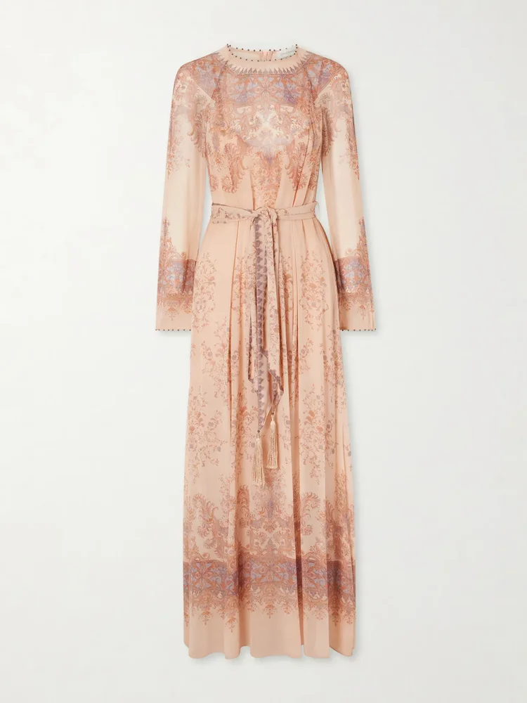valiant sheath belted printed chiffon maxi dress
