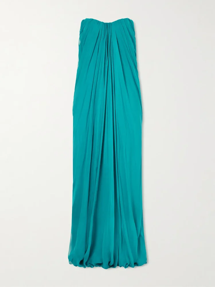 Strapless draped silk-chiffon bustier gown