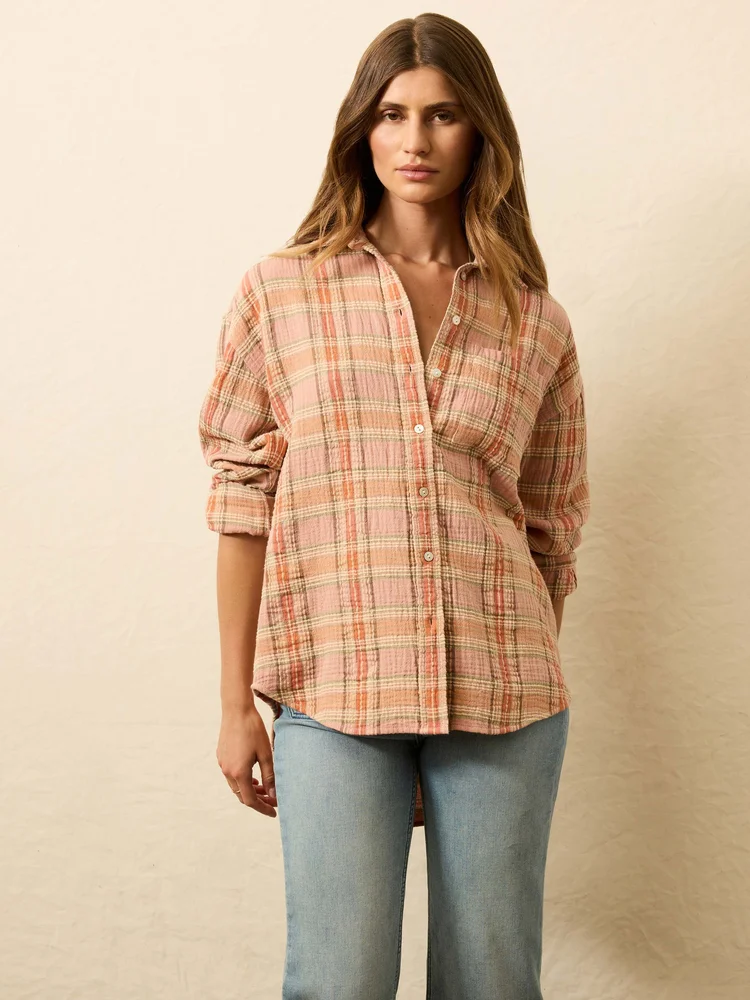 Dune Cotton Gauze Relaxed Shirt, Tinted Rose Water Plaid