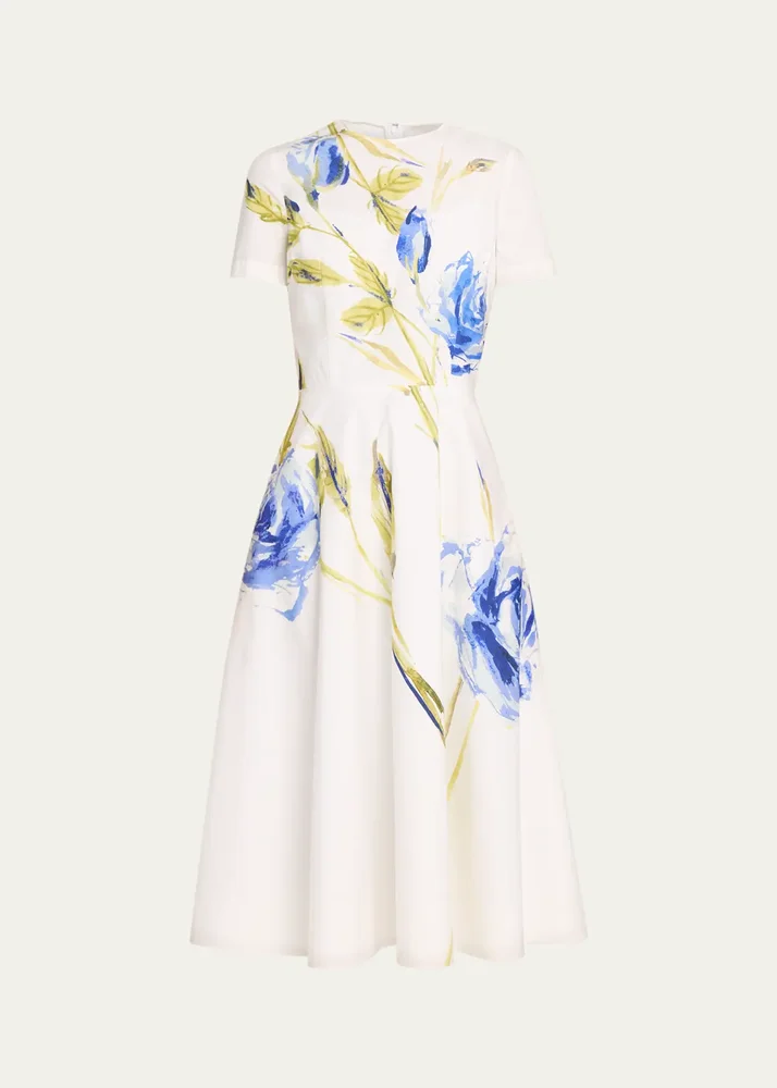 Cotton Floral Print Short-Sleeve Midi Dress