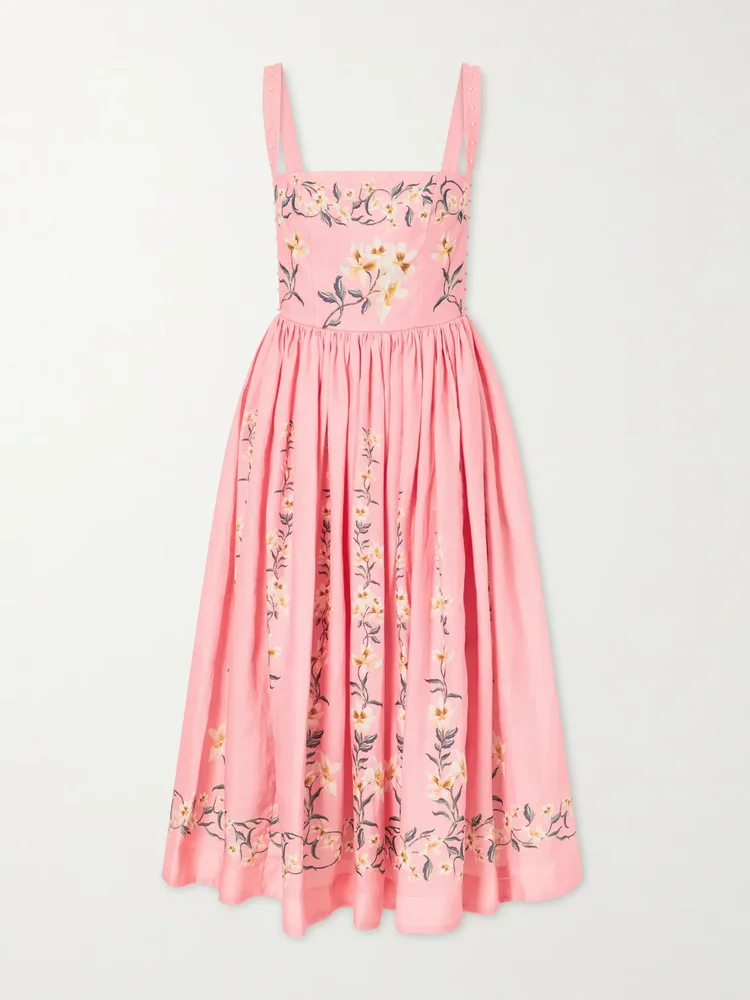 Mielero Promesa bead-embellished floral-print linen midi dress