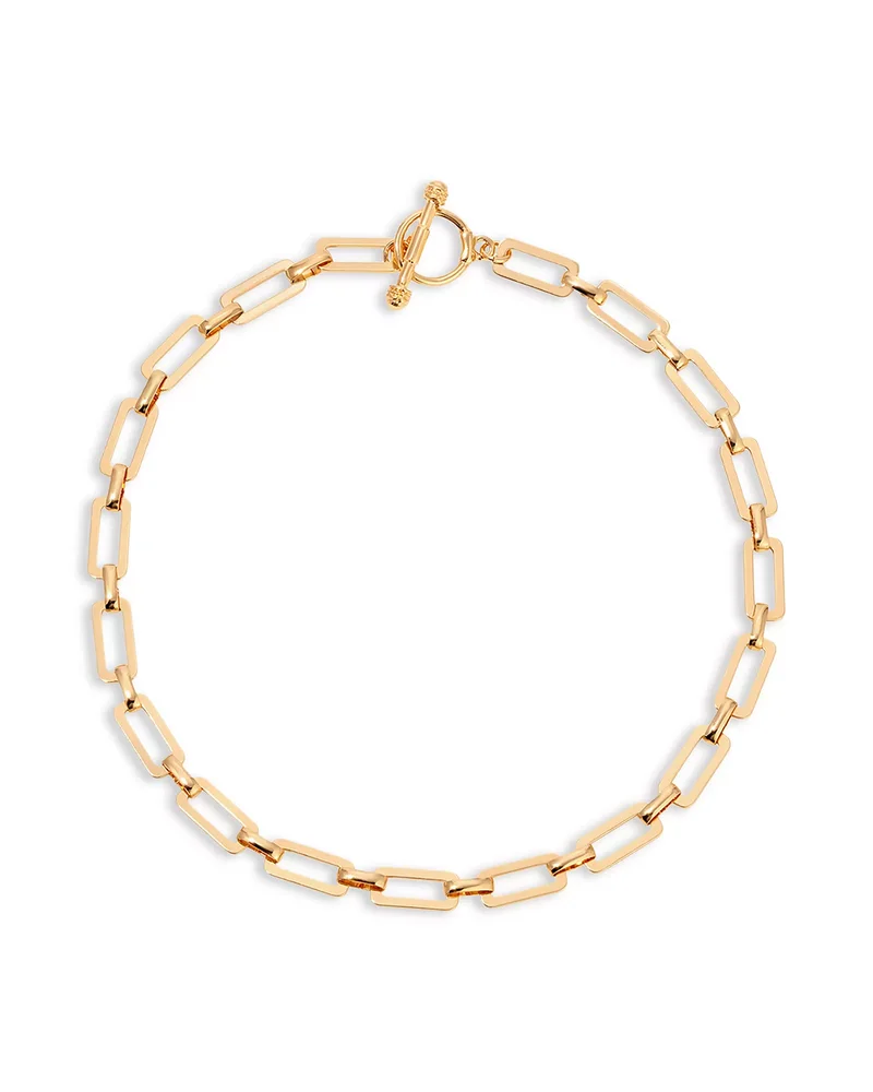 Golden Flat Rectangle Chain Necklace, 15-inch