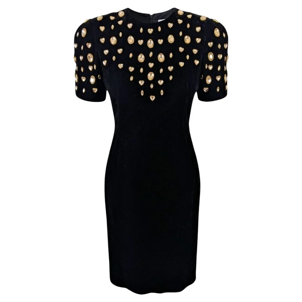 1980s Lillie Rubin Black Velvet Cocktail Dress with Crystal Embellishments