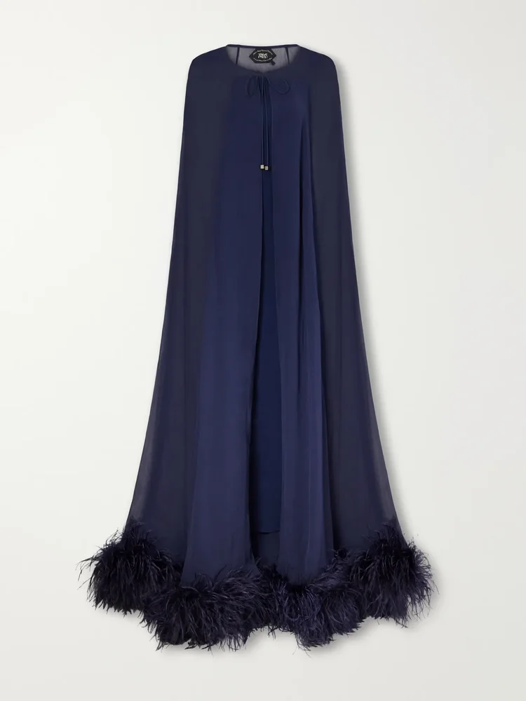 Grace feather-trimmed silk-chiffon gown