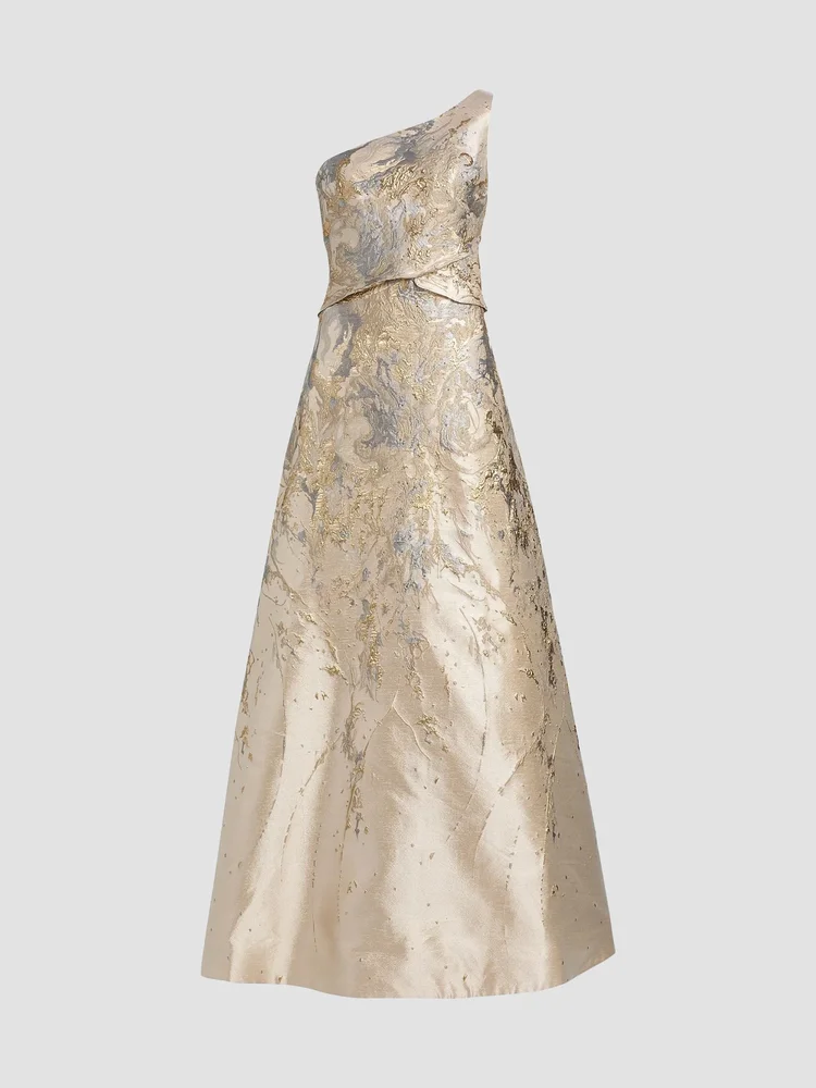 Floral Metallic Brocade One-Shoulder Gown