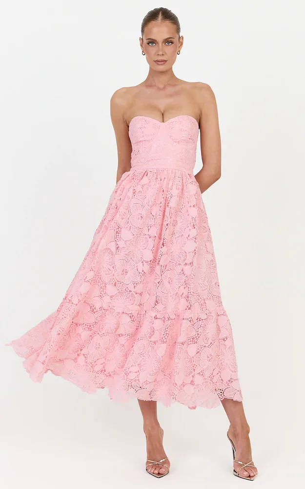 Gabriela Midi Dress, Strapless Lace Dress in Light Pink