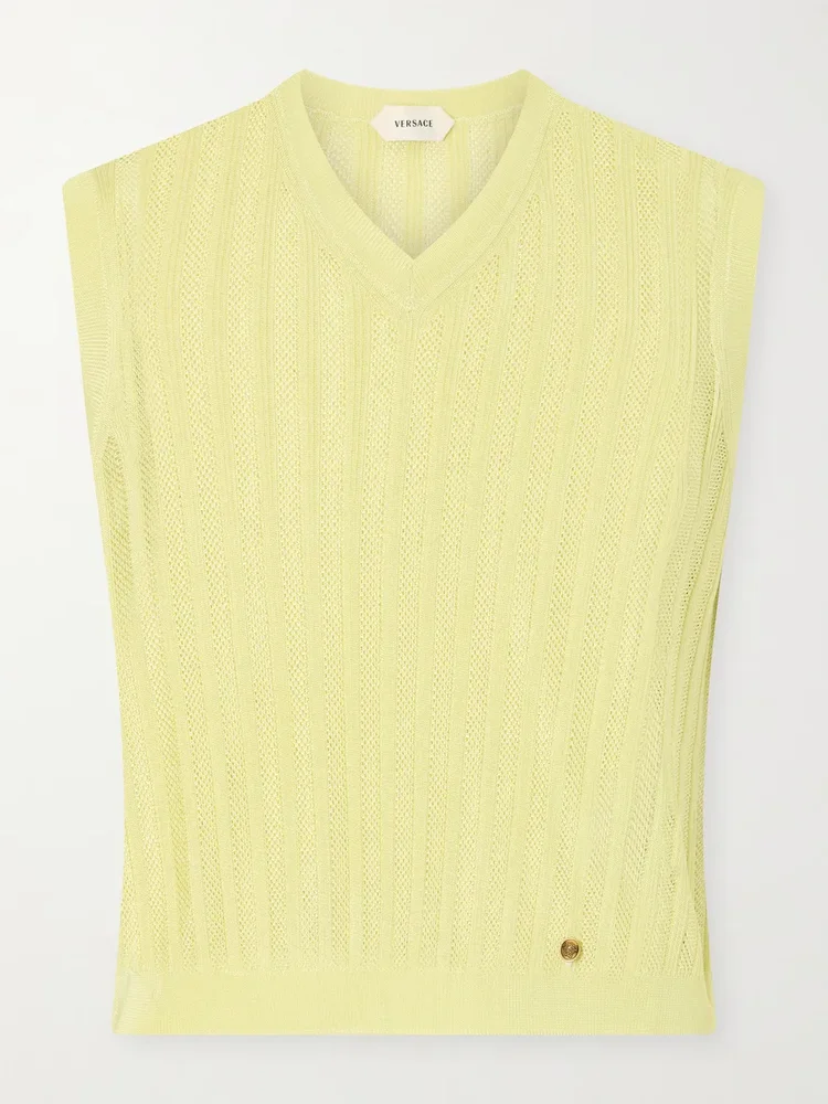 Medusa-embellished ribbed mesh vest