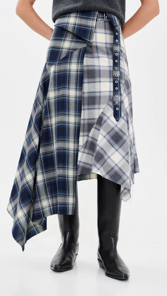 Plaid Wrap Skirt with Folded Belt