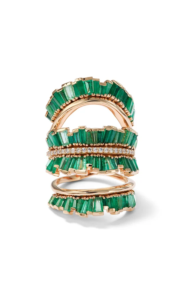 Triple Ruched Ribbon 20k Rose Gold Emerald Ring