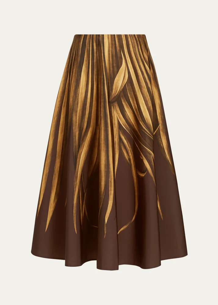 Palm-Print Faille Midi Skirt