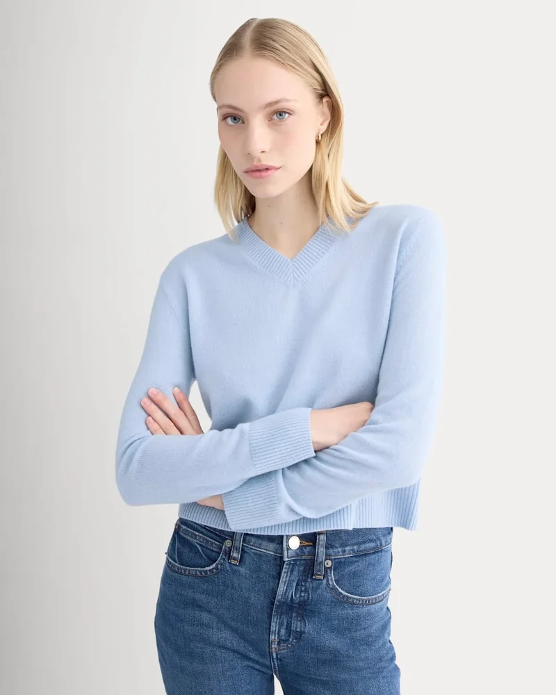 Cashmere Cropped High-V Sweater | Open Air Blue