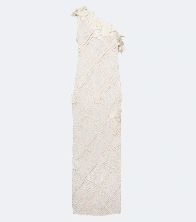 Floral-appliqué crochet cotton maxi dress