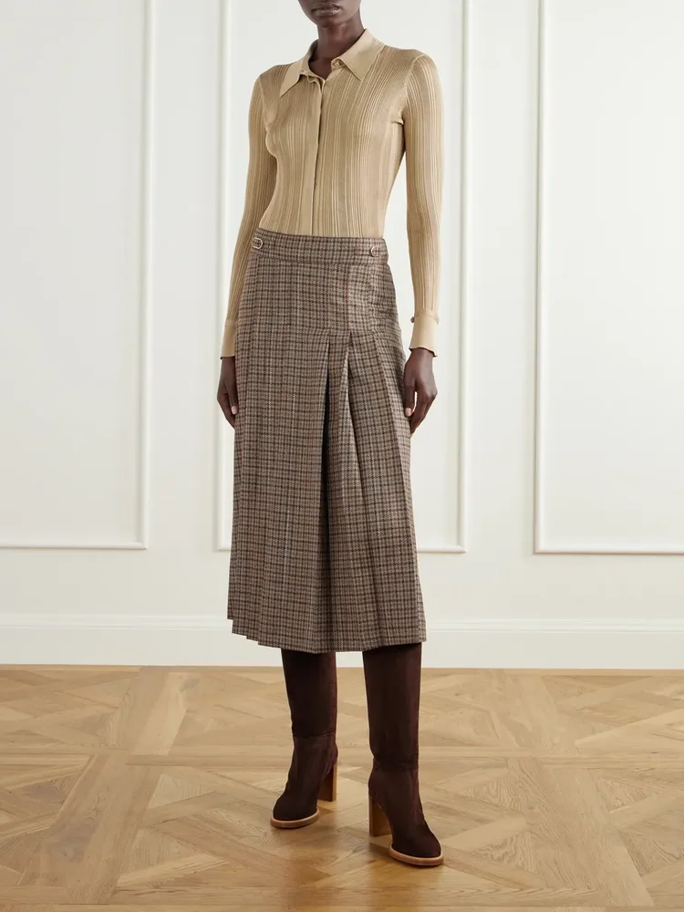Wesley pleated houndstooth wool and cashmere-blend midi skirt