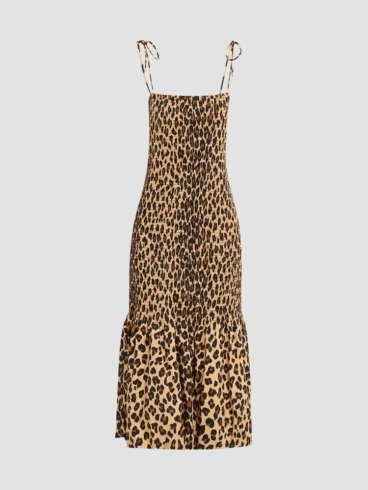 Canto Leopard Print Smocked Poplin Midi-Dress