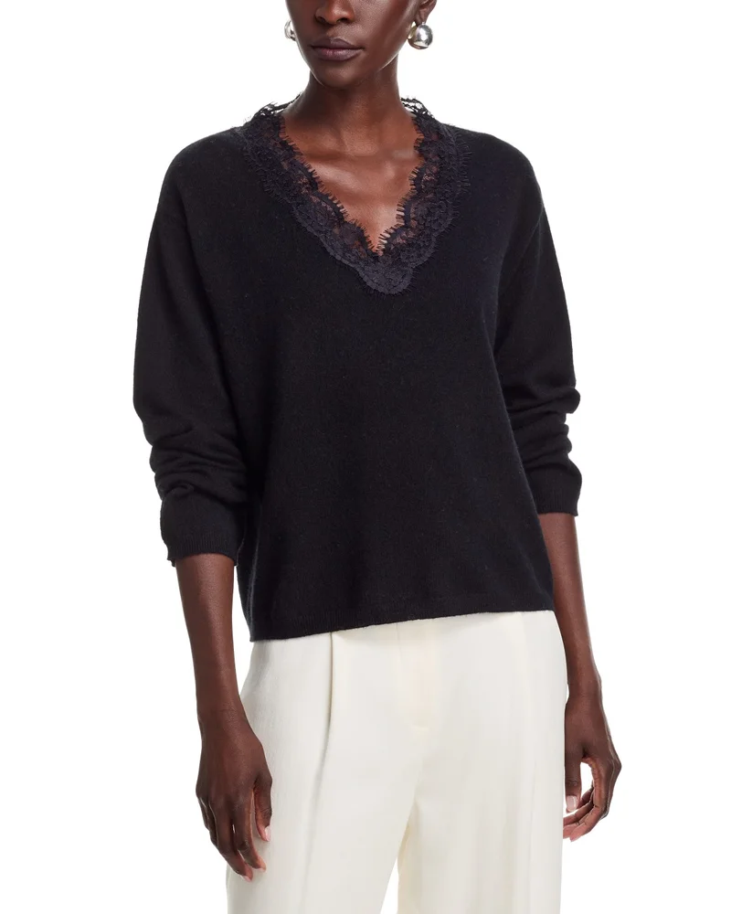Drop Shoulder Lace Trim V Neck Cashmere Sweater, Exclusive