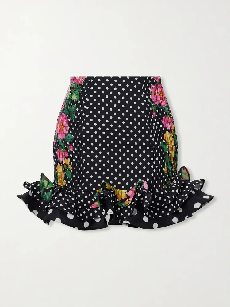 Alameda shirred ruffled floral-print polka-dot cotton-blend mini skirt