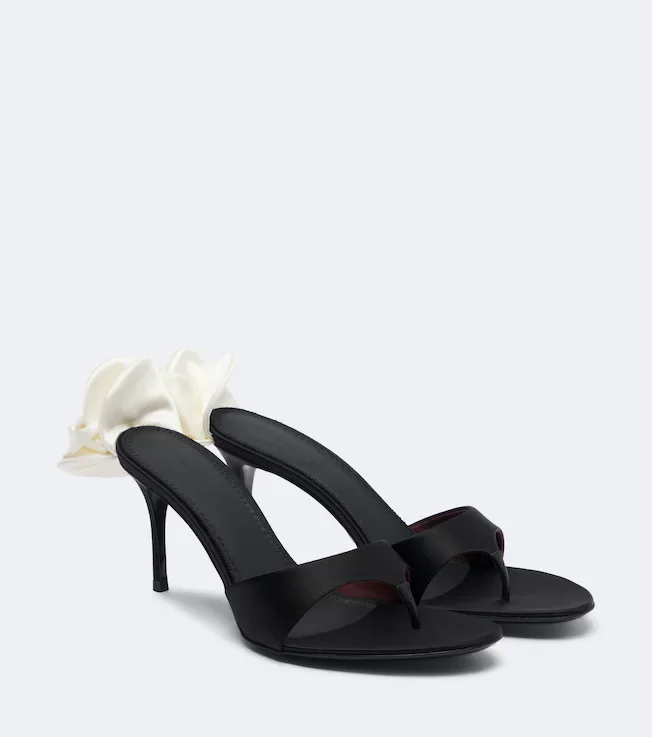 Floral-appliqué satin thong sandals