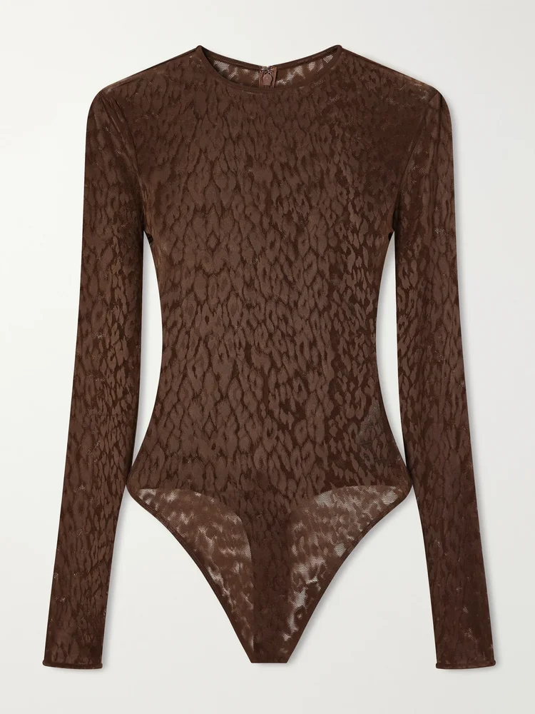 Leopard-print stretch-lace bodysuit