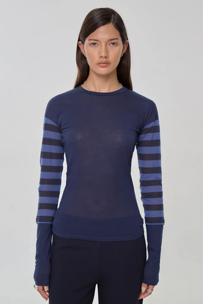 Paloma Double Long Sleeve Tee, Navy Stripe