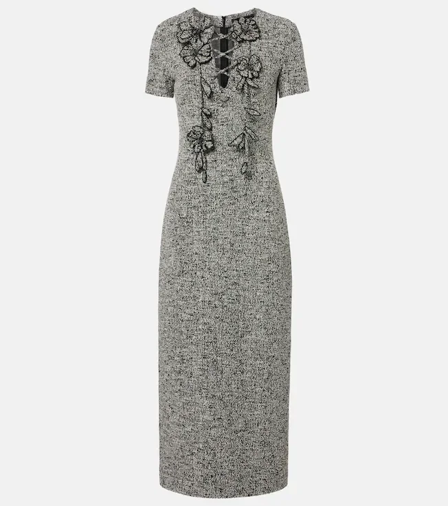 Floral-appliqué cotton-blend tweed midi dress