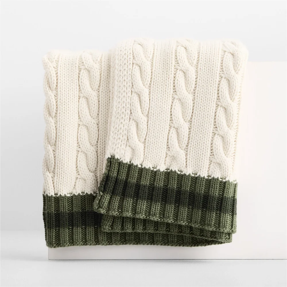 Classic Cable Knit Wool Blend Stripe 70"x55" Arctic Ivory and Olive Green Throw Blanket