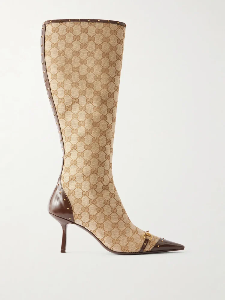 savoy leather trimmed canvas jacquard knee boots