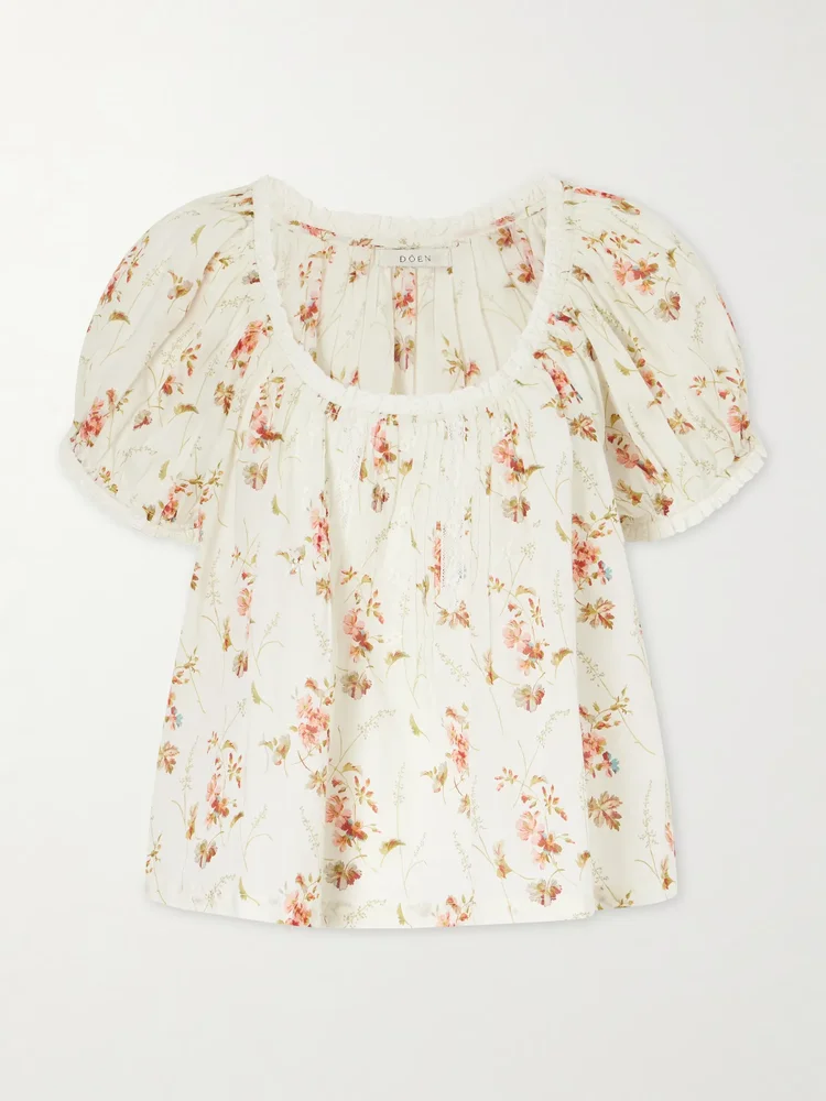 Frederica lace-trimmed floral-print organic cotton blouse