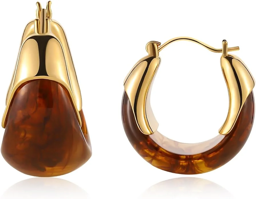 14k Gold Plated Amber Resin Hoop Earrings for Women Trendy, Hypoallergenic Chunky Gold Earrings Jewelry Gifts for Sensitive Earlobes