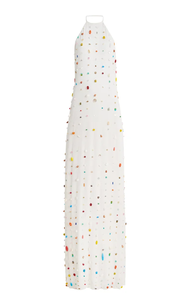 Exclusive Francine Embroidered Crepe Maxi Halter Dress